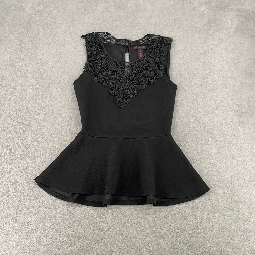 Material Girl Black Lace Yoke Peplum Top Sleeveless Y2K Blouse Small